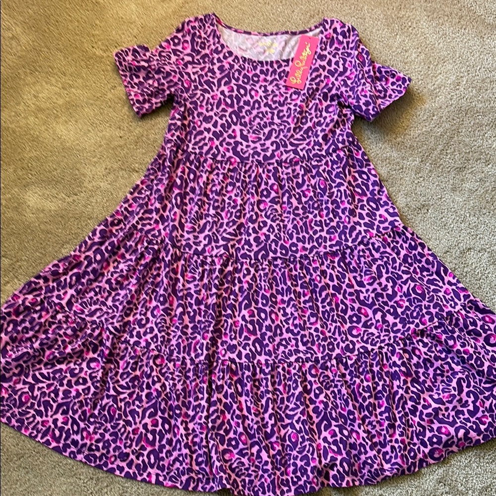 Lilly Pulitzer Jodee Swing Purple and White Puff Sleeve Sundress Leopard Print